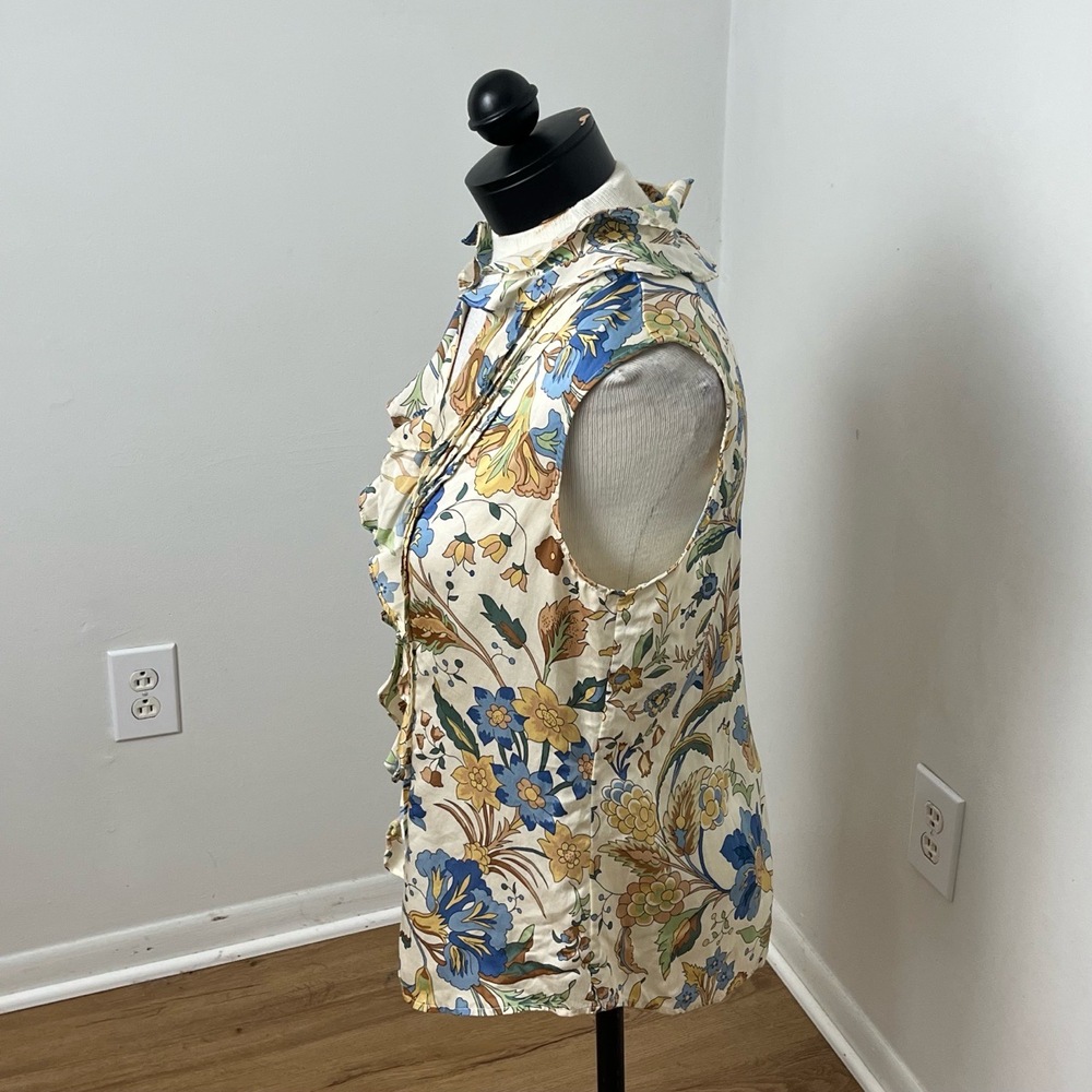 Talbots Silk Blue Floral Print Button Down Collared Neck Ruffled Front Blouse 8‎ - Picture 3 of 9